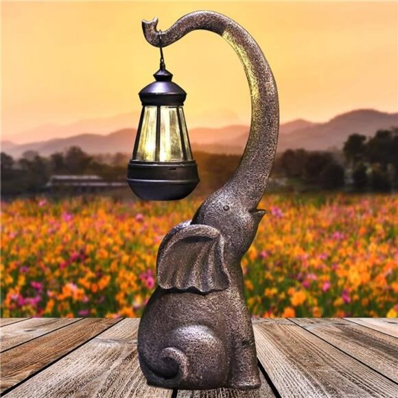 15" Outdoor Sculpture Figurine Statue Elephant Home Decor Solar Garden Statues - Picture 1 of 5